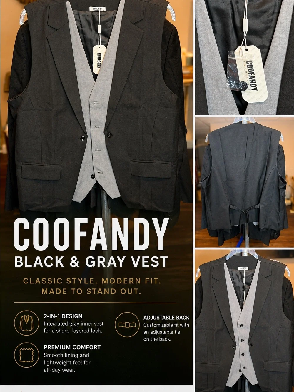 COOFANDY Black Blazer with Gray Integrated Vest
